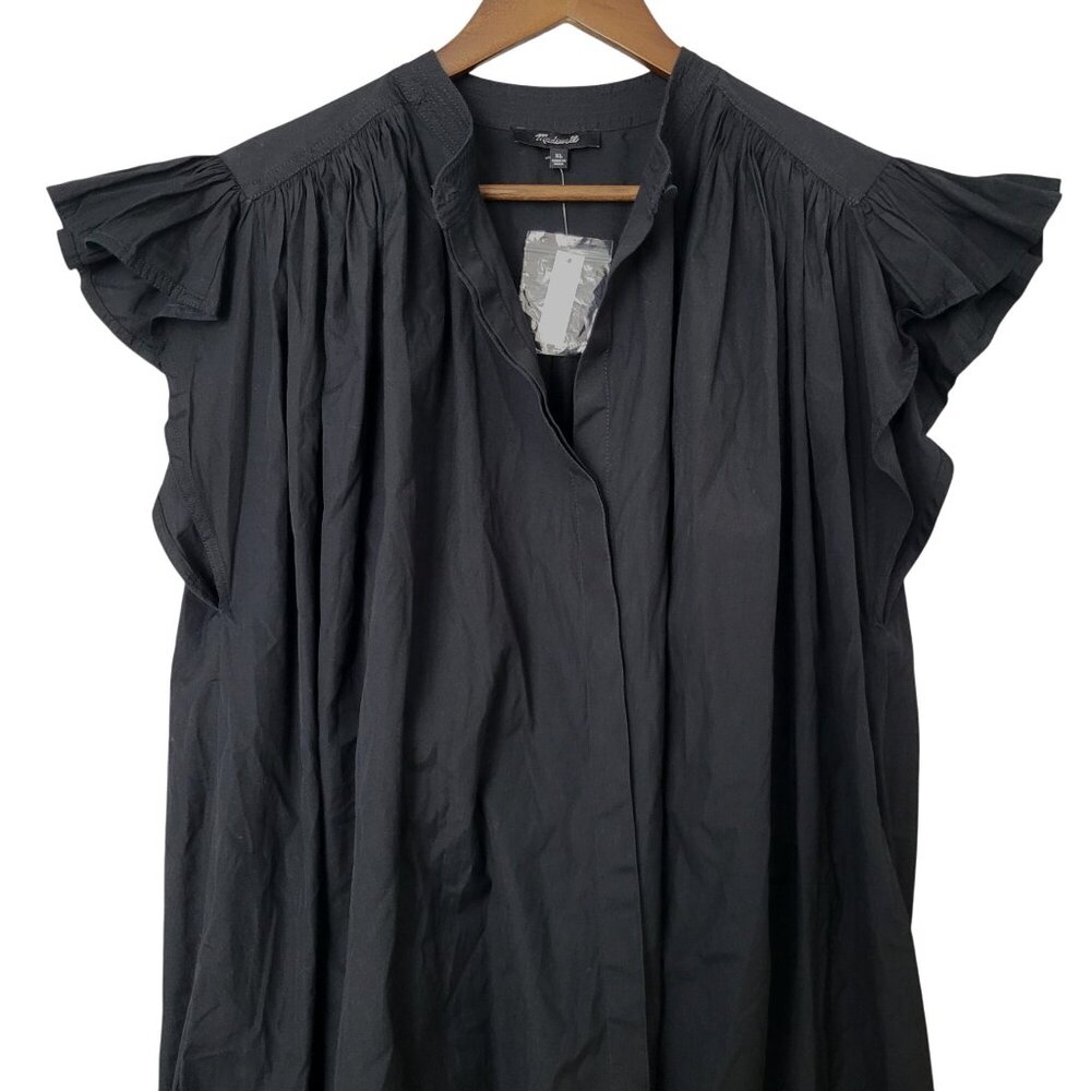 Madewell Flutter Sleeve Button-Front Mini Dress in Poplin Size XL Jet Black NWT - Picture 3 of 5